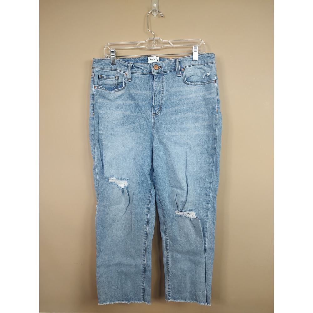 Frayed Jeans Womens 32 High Rise Straight Leg Distressed Light Wash Denim‎